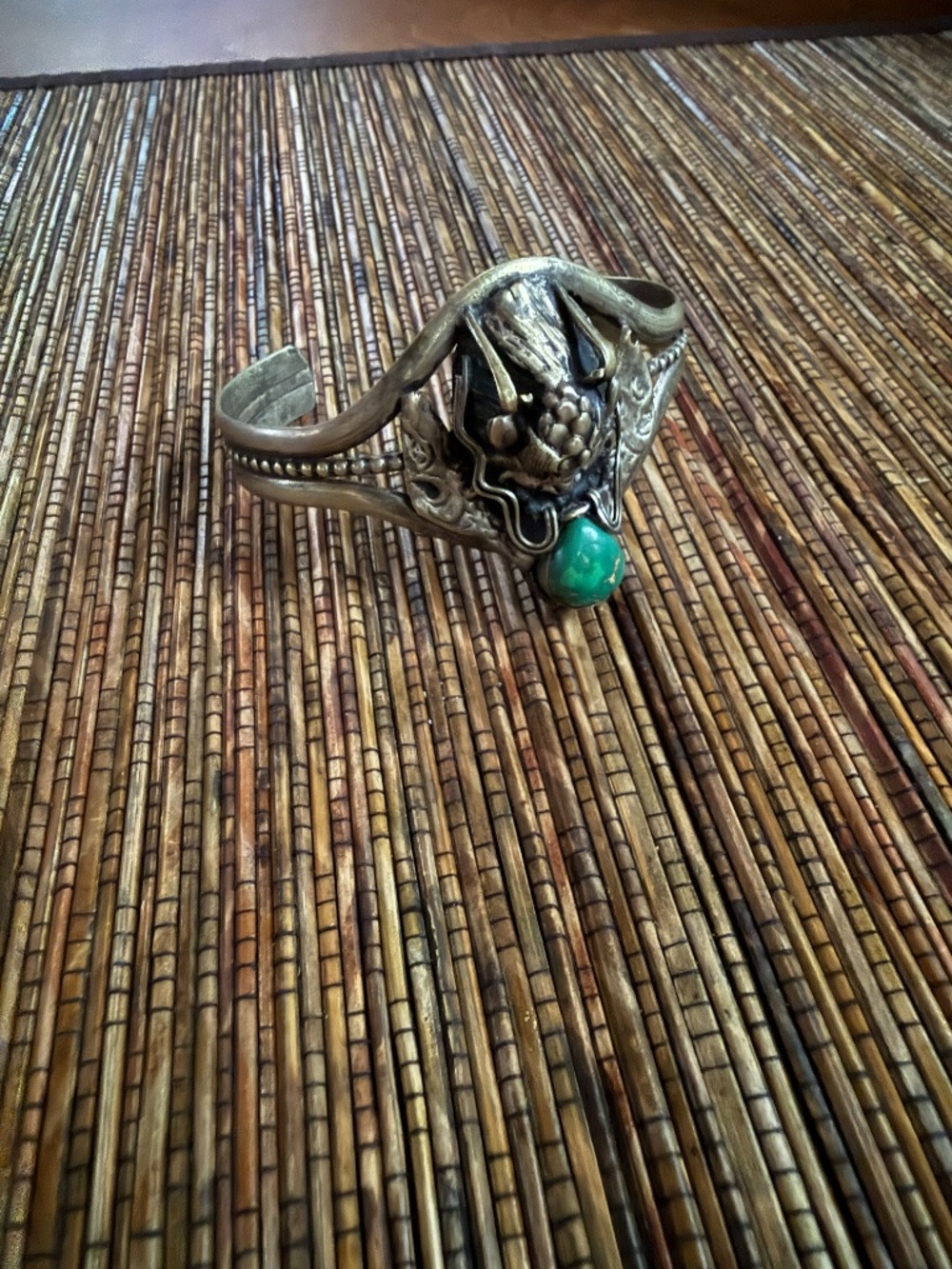 Tibetan Dragon Turquoise Cuff Bracelet Silver Metal Antique Vintage Artisan - Picture 7 of 12